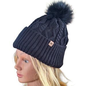 Women's Beanie Hat Black Cable Knit with Fuzzy Pom Pom Top Plushy Lining OS